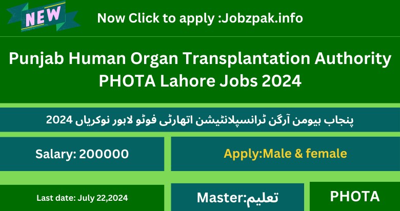 Punjab Human Organ Transplantation Authority PHOTA Lahore Jobs 2024